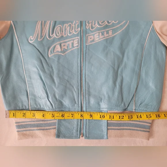 BNWT leather "Montreal" cropped bomber jacket in blue and cream vintage style - Picture 9 of 14